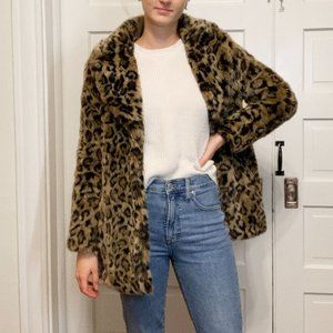H&M Faux Fur Leopard Print Coat, lined, notched lapels